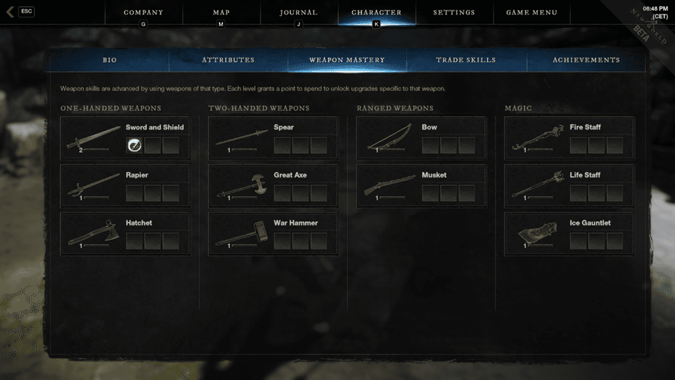 Tous les types d'armes et d'emplacements de capacité pour des types spécifiques immédiatement après le début du jeu dans New World.