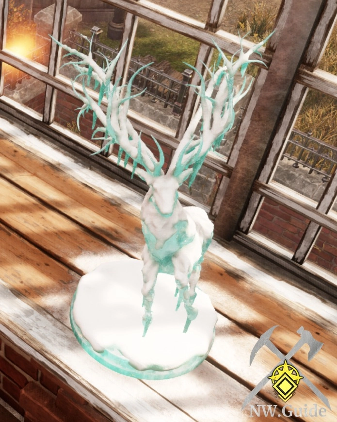 Snowcapped Stag Sculpture on windowsill closeup screenshot