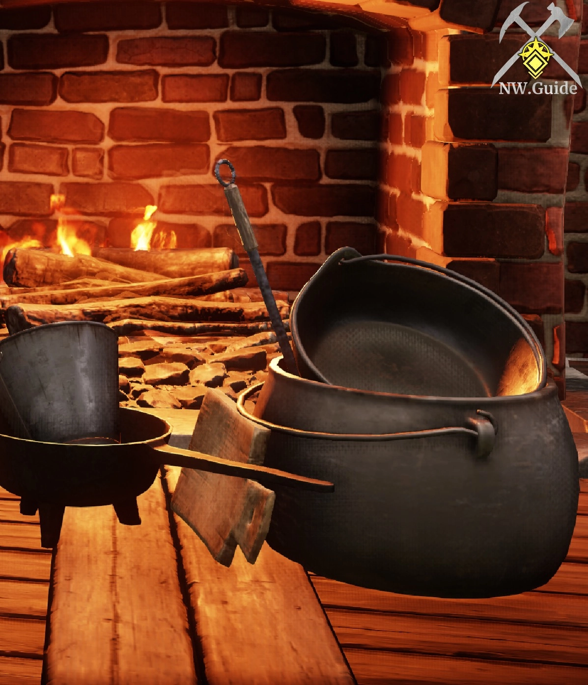 Cauldron Cooking Set on wooden floor in front of fireplace
