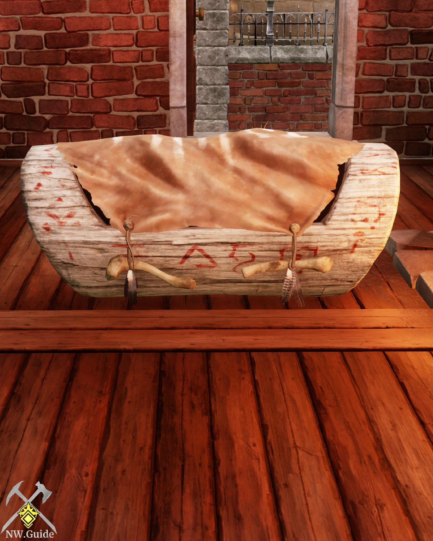 Hewn Log Storage Chest on wooden floor in front of fireplace