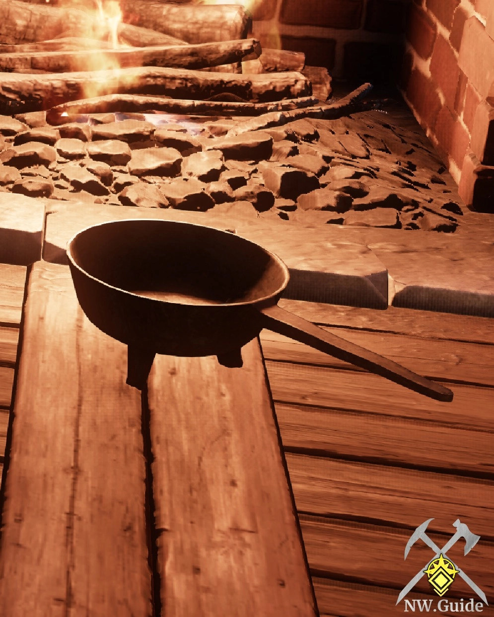 Iron Pan next to the fireplace inside house