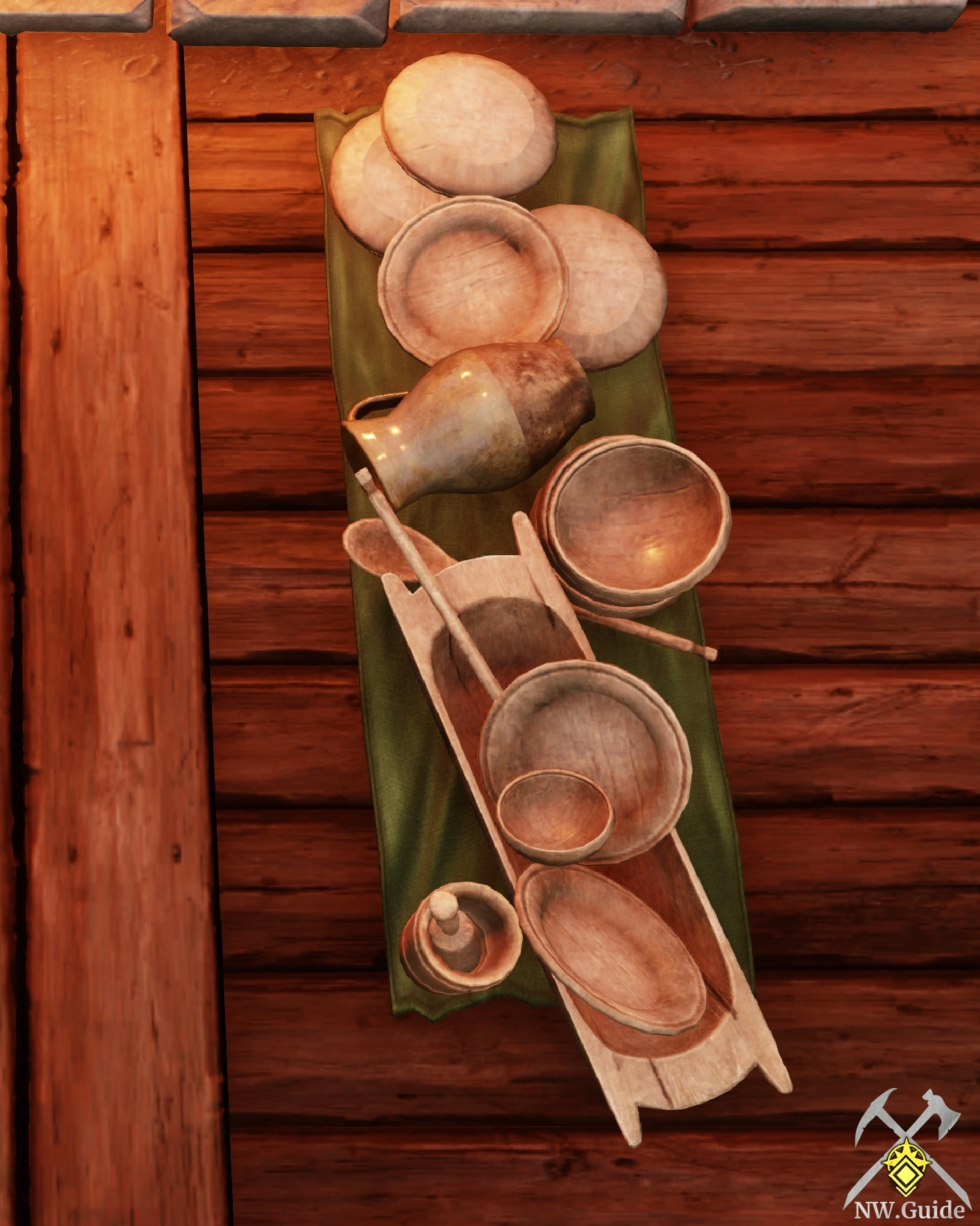 Well Loved Dishes on wooden floor in front of fireplace