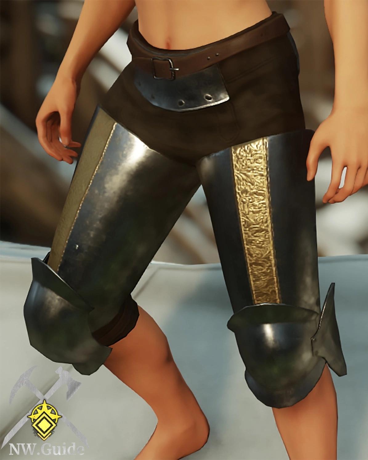 Close up picture of the Orichalcum Heavy Greaves