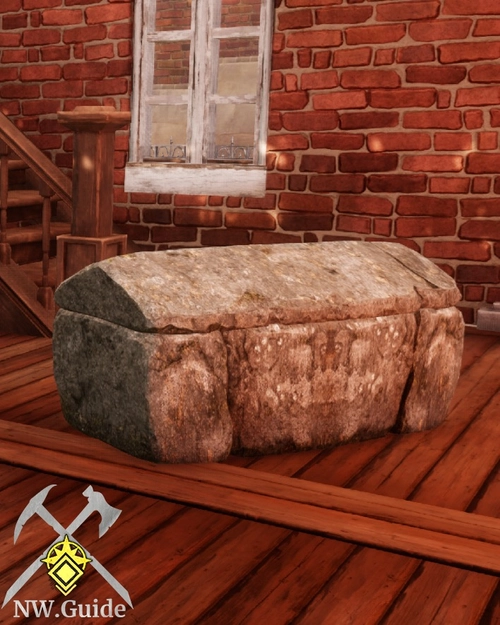 Photo of mossy rock storage chest in front of fireplace