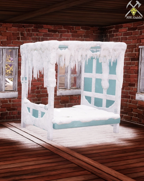 Snowcapped Bed on wooden floor next to red bricks wall