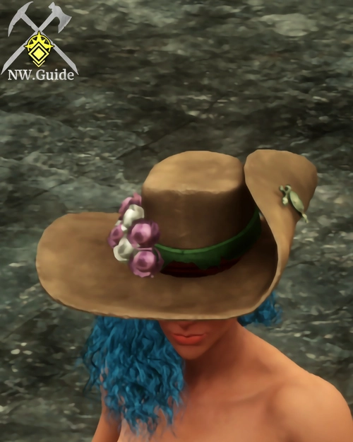 New World hat Daywear Hat with flowers and emblem on it