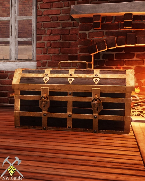 Golden Steel Storage Chest on wooden floor around fireplace