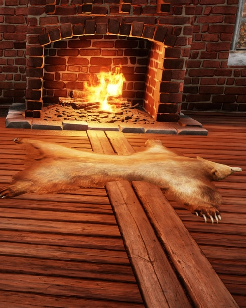 Photo of brown bear pelt rug placed on the wooden floor