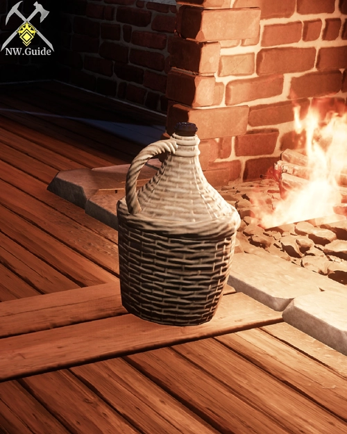 Light Wicker Wrapped Jug in the front on fireplace on wood