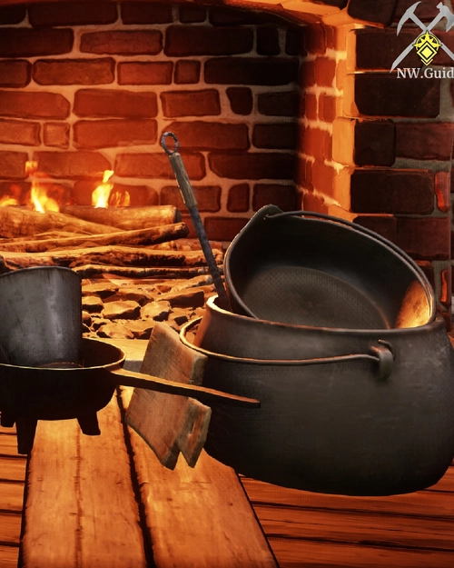 Cauldron Cooking Set on wooden floor in front of fireplace
