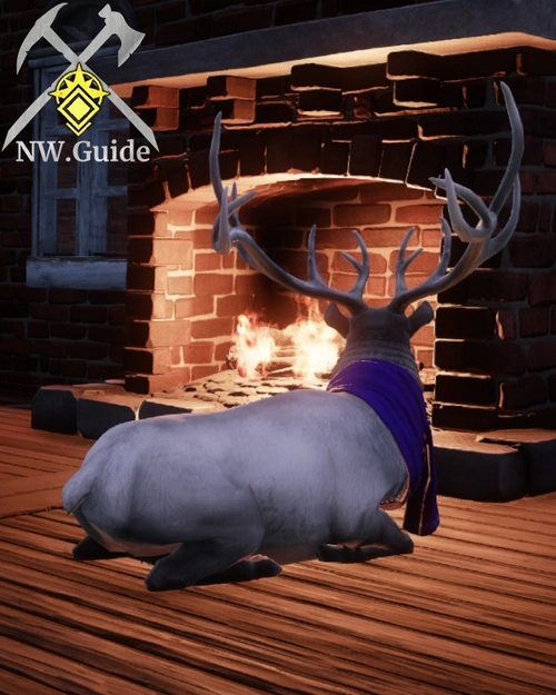 Screenshot of Festive Deer next to the fireplace on the wood