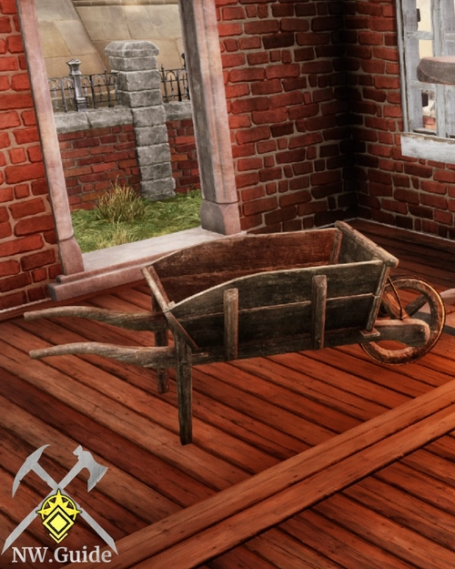 Wooden Wheelbarrow in front of the fireplace