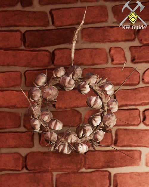 Garlic Bulb Wreath on red bricks wall with medium lighting