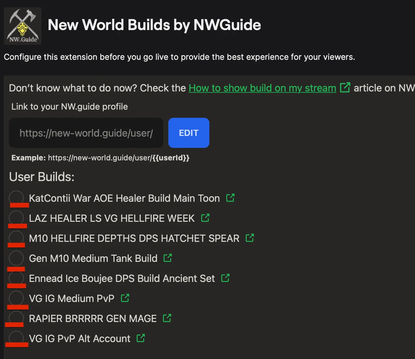 Select the build you want to show on the stream