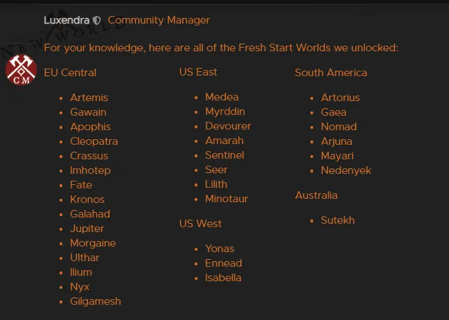 New World Forum: Announce of fresh servers list by Community Manager Luxendra