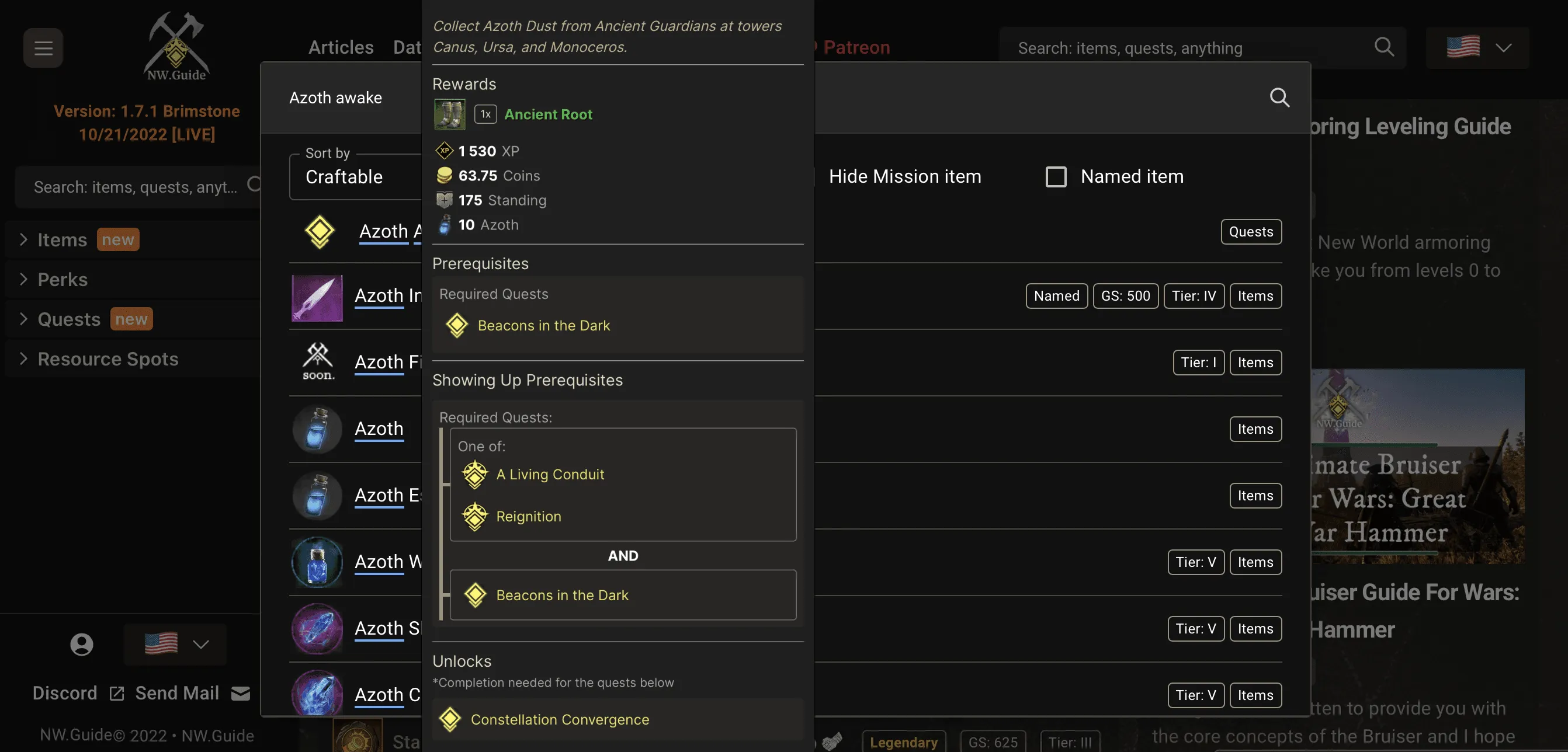 Azoth Awekaning Quest in Search of New World Guide (on hover(