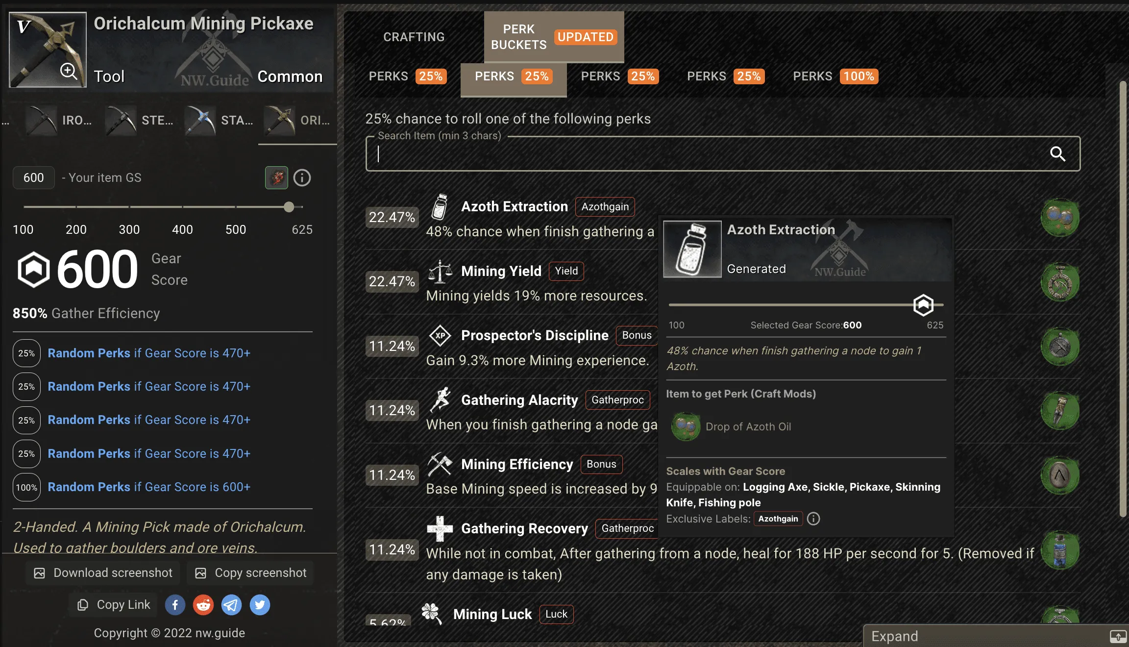 All Perks Possible to be rolled for pickaxe. On screenshot you can see: drop chances for each perk, input to filter perks by name, Exclusive Label of each perk (hover them on site to get tooltip with useful info!) and Craft Mods to use to make perk guaranteed. All percentages calculated for selected Gear Score. It means you can adjust it on the left and perks chances will change accordingly. Also my cursor is just over "Azoth Extraction" so you could see a bit of additional info about that perk ;)